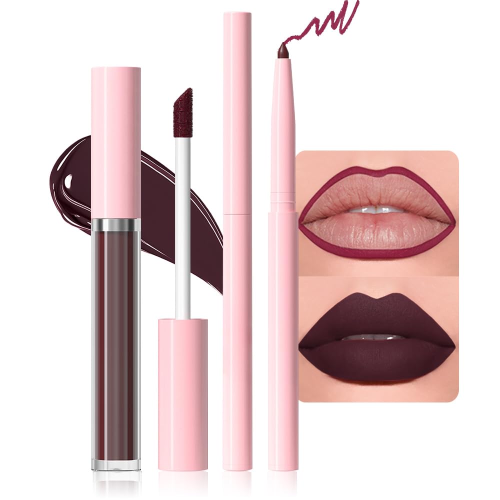 evpct Retractable 1Pcs Lip Liner Pencils and 1 Pcs Lip Gloss Makeup Set for Shaping & Sculpting Lips, Plum Long-Lasting Waterproof Longwear Matte Rich Lip Colors Liner Crayon Liquid Lipstick 11#-Velvo Beauty