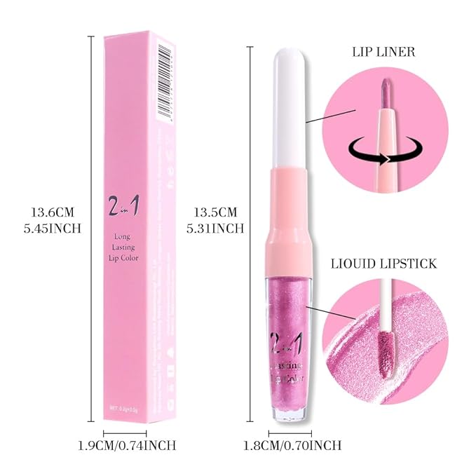 evpct Pink Metallic Glitter Lip Liner and Lipstick Combo Lip Gloss Stain Set Makeup for Women Long Lasting Waterproof 24, Rose Pink Metallic Shimmer Frosted Iridescent Glossy Liquid Lipstick 21-Velvo Beauty