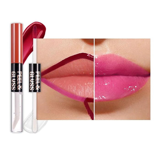 Lip Stain Peel Off Lip Gloss oil Dual-Ended Combo, Raspberry Peach Lips Liner Stain Peel Off Tattoo, Long Lasting & Waterproof, Transfer-Proof Lip Tint Stain with Lip oil for All Skin Type 03#-Velvo Beauty