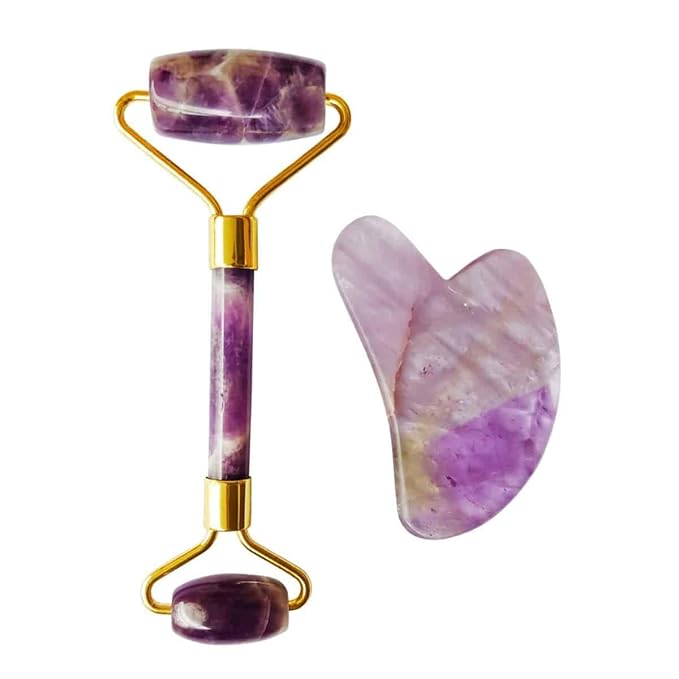 Amethyst Massage Roller and Gua sha Set | Reduces Wrinkles, Fine lines and Dark Circles | Pink Jade Roller | Anti-aging Massager for Skin Toning and Tightening for Face, Eyes, Neck-Velvo Beauty