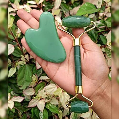 Green Jade Roller & Gua Sha Set, Face Roller Manual Massager,Green Jade Applicator for Face, Neck,Body Muscle,Relaxing, Stimulating Blood Flow, Relieve Fine Lines, Wrinkles,Green-Velvo Beauty