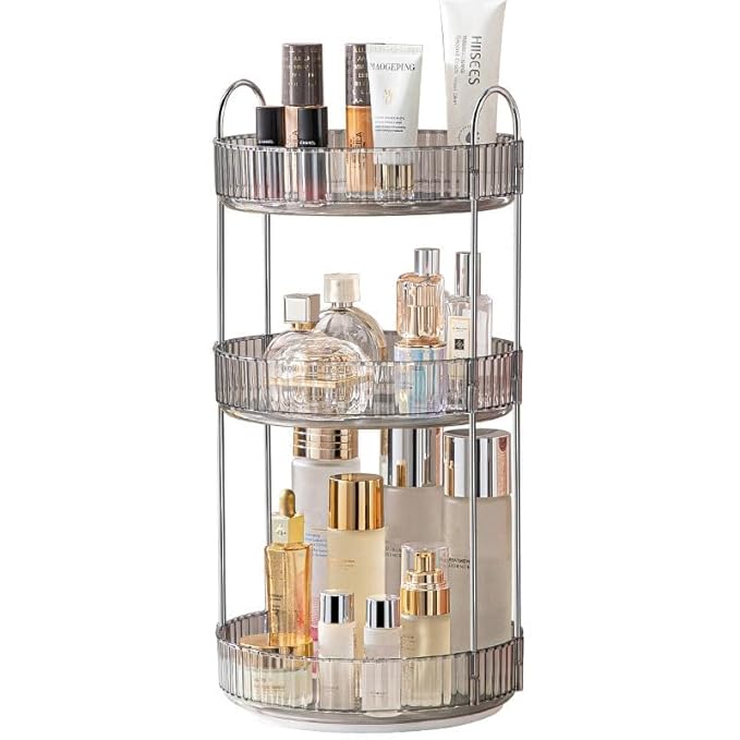 Makeup Organizer for Vanity, 360° Rotating Bathroom Organizer Countertop, High-Capacity Skincare Organizer, Spinning Cosmetics Organizer for Dresser Countertop (3 Tiers, Grey)-Velvo Beauty