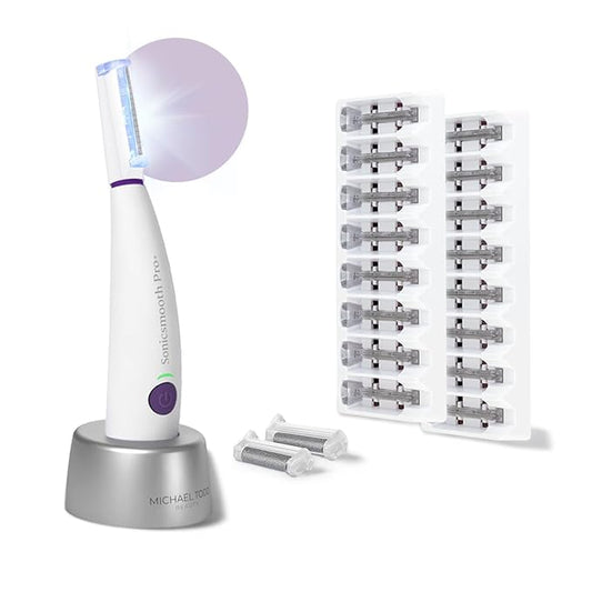 Michael Todd Beauty Sonicsmooth Pro+ Dermaplane Razor for Women Face + Eyebrow trimmer Dermaplaning System w/LED Light Peach Fuzz Remover -16 Dermaplaning Blades & 2 Microsmooth Exfoliation Tips-Velvo Beauty