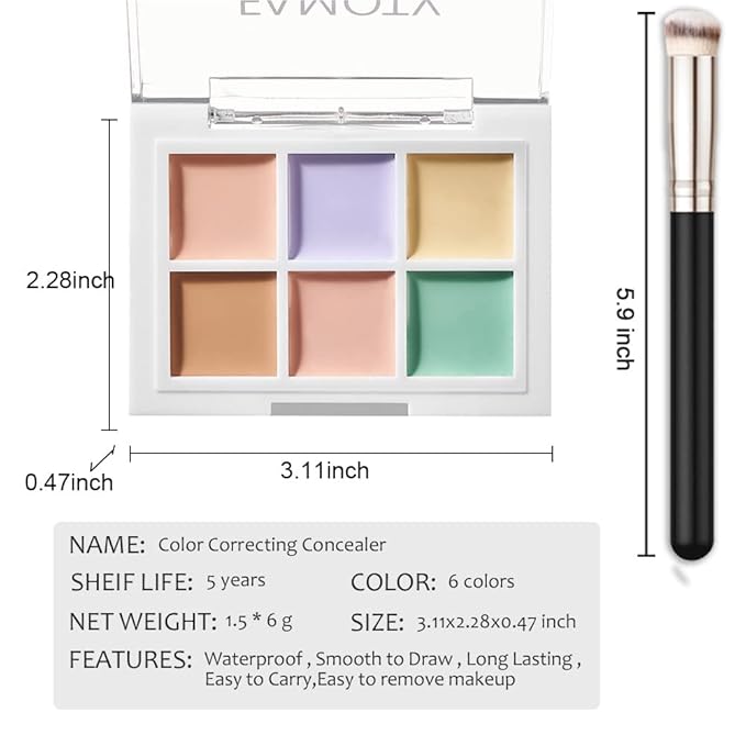 6 Color Correcting Concealer Palette With Concealer Brush, Tattoo Concealer, Cream Contouring Makeup Kit, Corrects Dark Circles Red Marks Scars Light Mediumor creamy concealer A1-Velvo Beauty