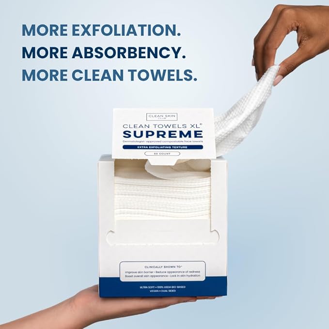 Clean Skin Club Clean Towels XL™ Supreme, 100% USDA Biobased Dermatologist Approved Face Towel, Gentle Exfoliation, Disposable Facial Washcloth, Makeup Remover Dry Wipes, 50 Count-Velvo Beauty