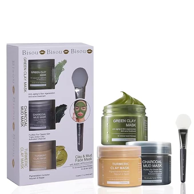 Turmeric Clay, Dead Sea Mud & Charcoal Gel Face Mask Trio With Applicator, Deep cleansing Clay and Mask Applicator, Facial Therapy PH Balanced Hypo-allergenic (3 Sets Mud Mask)-Velvo Beauty