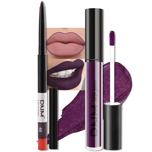 evpct 2Pcs Dark Deep Purple Matte Liquid Lipstick Lip Gloss Stain and Retractable Lip Liner Makeup Set for Women Long Lasting Waterproof 24 Hours Lipstick labial mate larga duracion 24 46#-Velvo Beauty