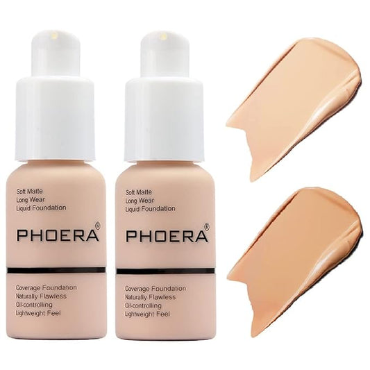 2 Pack PHOERA Foundation,Matte Oil Control Concealer Foundation Cream,PHOERA Long Lasting Waterproof Matte Liquid Foundation for Women Girls (102 Nude+104 Buff Beige)-Velvo Beauty