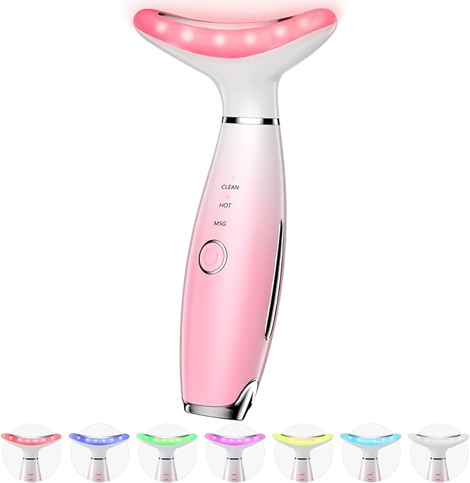 7 Color Galvanic Machines - Red Light Therapy for Face and Neck, Face Massager Tool for Wrinkles, Double Chin, Vibrating Facial Massager with Thermals, Pink-Velvo Beauty