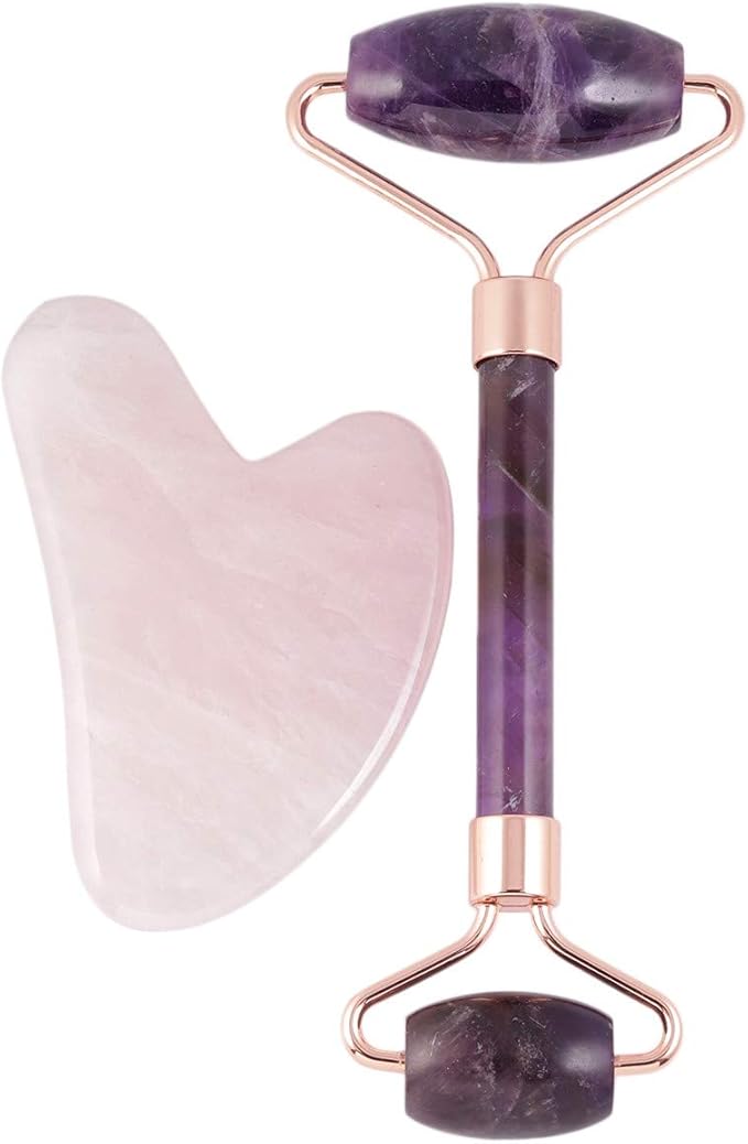 Rockcloud Natural Crystal Jade Roller and Gua Sha Scraping Set Massager Tool for Anti Aging Beauty Neck Body Reduce Wrinkles Facial Massager Therapy Amethyst and Rose Quartz-Velvo Beauty