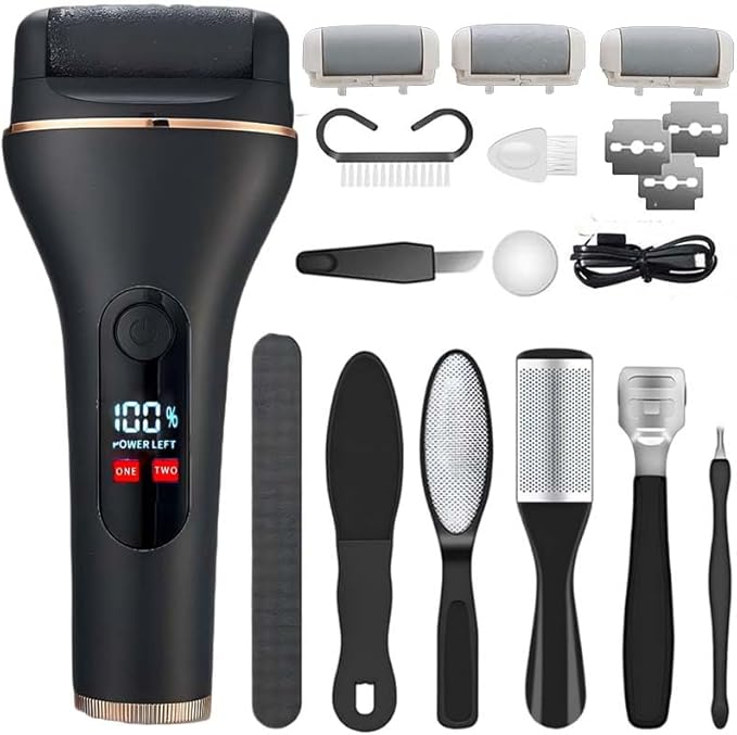 Electric Foot Callus Remover, Portable Electric Foot File with 15 in 1 Professional Pedicure Kits, Rechargeable Pedicure Tools for Foot Care, Waterproof Remover Cracked Feet & Dead Skin (Black)-Velvo Beauty