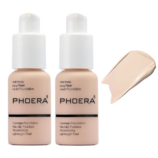 2 Pack PHOERA Foundation 101 Porcelain Makeup,Full Coverage Foundation for Women and Girls(101 Porcelain)-Velvo Beauty