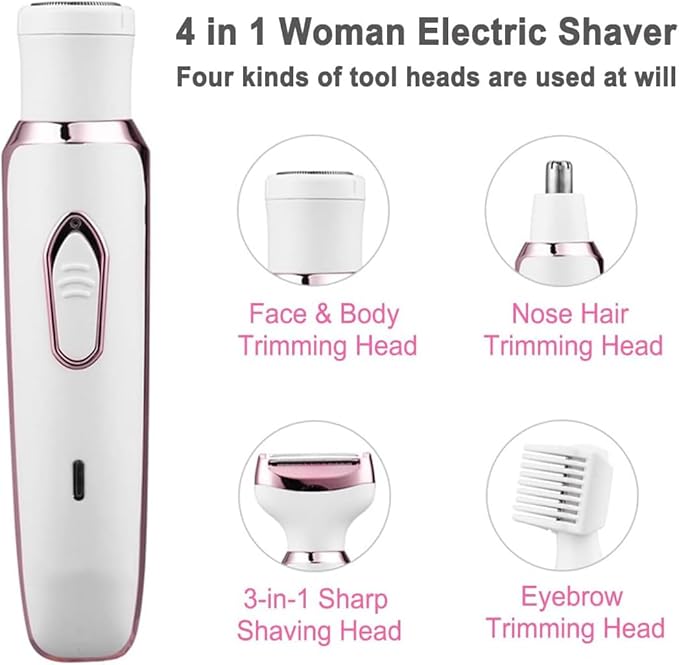 Bikini Trimmer for Women, Electric Razor Hair Shaver for Face Nose Eyebrow Beard Mustache Arm Leg Armpit Bikini, Replaceable Lady Facial Razor, Painless Rechargeable 4 in 1 Women Body Shaver for Trip-Velvo Beauty