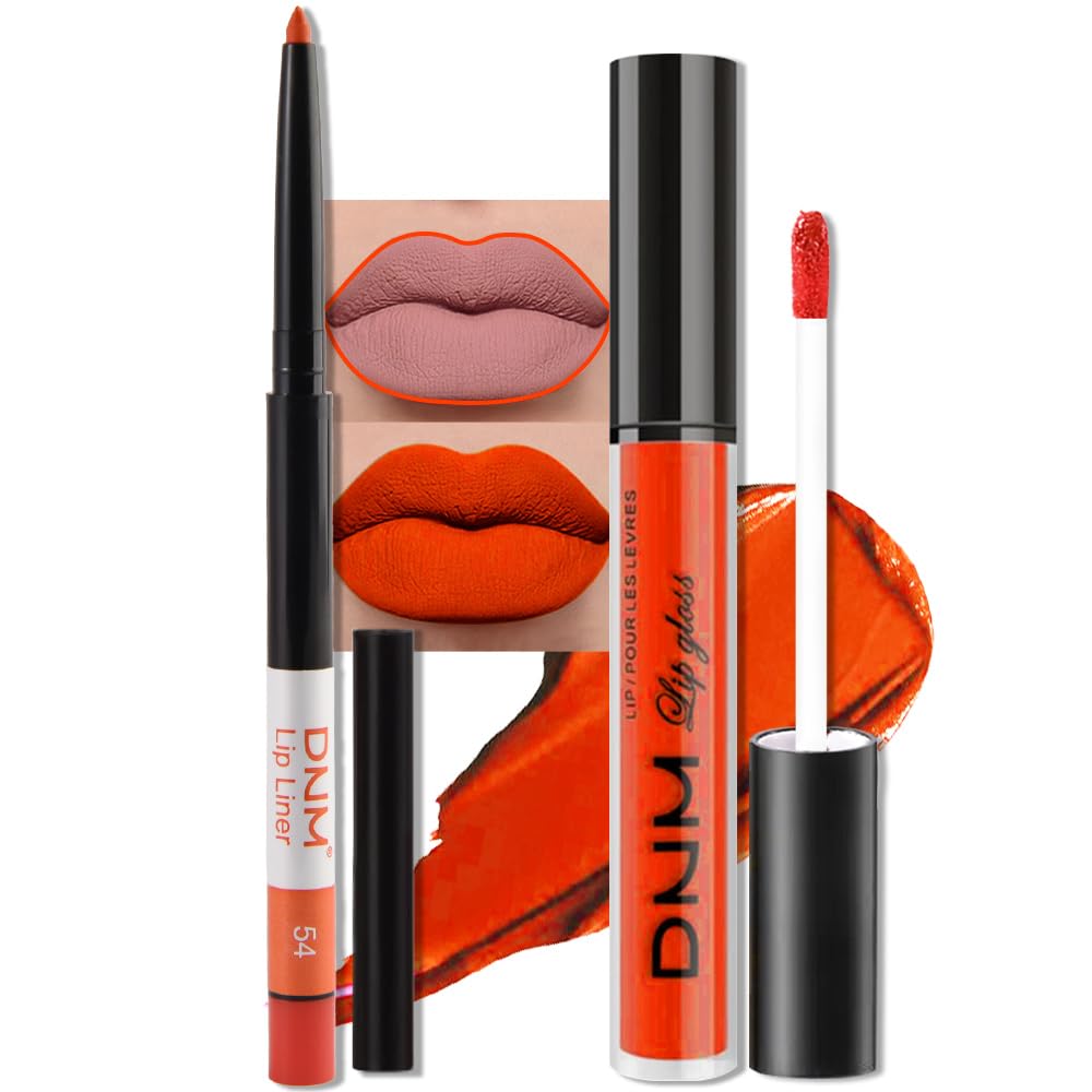 evpct 2Pcs Orange Light Fire Red Matte Liquid Lipstick Lip Gloss Stain and Retractable Lip Liner Makeup Set for Women Long Lasting Waterproof 24 Hours Lipstick labial mate larga duracion 24 54#-Velvo Beauty