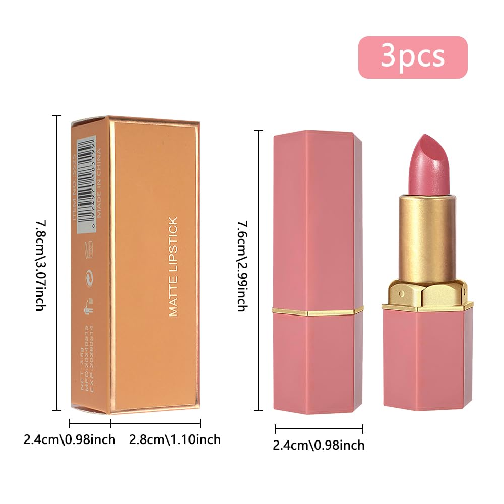 3Pcs Nude Pink Metallic Lipstick Lip Gloss for Women Set,Lightweight Shimmer Frosted Long Lasting Lipstick,Glitter Lip Stain Waterproof Smudge Proof 24 Hour Full Coverage Lip Makeup,Vegan(07,08,09)-Velvo Beauty
