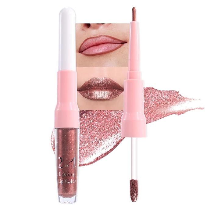 evpct Dark Bronze Metallic Shimmer Lip Liner and Lipstick Combo Lip Gloss Stains Set Makeup for Women Long Lasting Waterproof 24, Iced Mocha Frosted Metallic Glitter Glossy iridescent Liquid Lipstick-Velvo Beauty