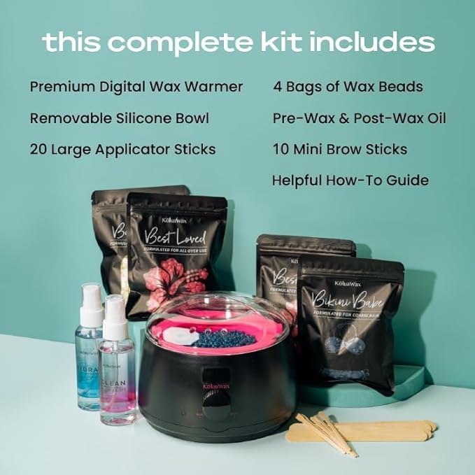 KoluaWax Premium Waxing Kit for Women - Hot Melt Wax Warmer for Hair Removal, Eyebrow, Bikini, Legs, Face, Brazilian Wax & More - Machine + 4-Pack Hard Wax Beads + Accessories, Black-Velvo Beauty