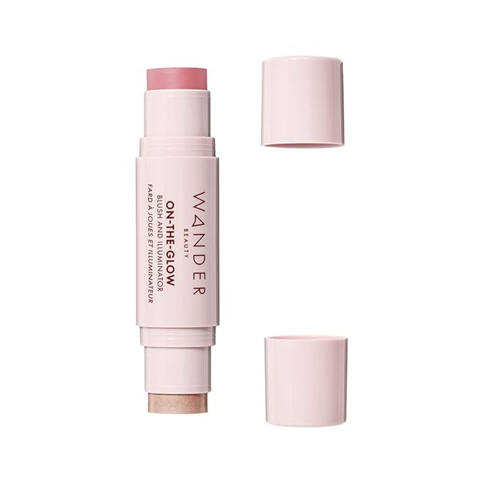 Wander Beauty On-the-Glow Blush and Illuminator - Petal Pink/Nude Glow - 7-in-1 Hydrating Cream Blush & Highlighting Stick - Stick Blush for Cheeks, Lip, & Body - Highlighter Makeup & Blush - 0.4 oz-Velvo Beauty