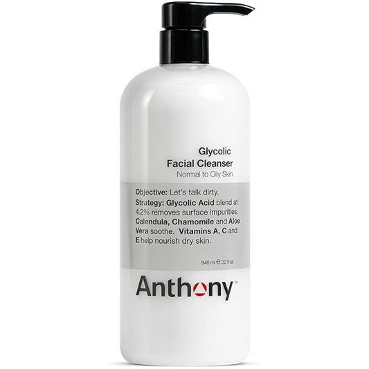 Anthony Glycolic Facial Cleanser for Men, Daily Exfoliating & Hydrating Face Wash, Shave Prep, Non-Foaming, Deep Cleansing, Gentle on Sensitive Skin, Removes Dirt & Oil, Smooths Texture, 32 Fl Oz-Velvo Beauty
