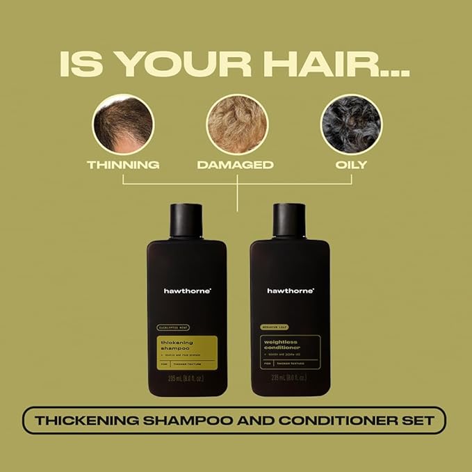 Hawthorne Men's Thickening Shampoo and Conditioner Hair Set. Includes Thickening Shampoo and Weightless Conditioner. Sulfate Free, Paraben Free. 8 Fl Oz Each.-Velvo Beauty