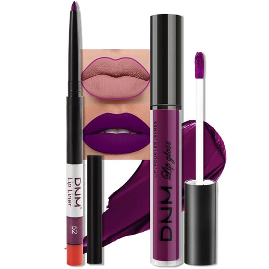 evpct 2Pcs Purple Matte Liquid Lipstick Lip Gloss Stain and Retractable Lip Liner Makeup Set for Women Long Lasting Waterproof 24 Hours Permanent Lipstick labial mate larga duracion 24 52#-Velvo Beauty