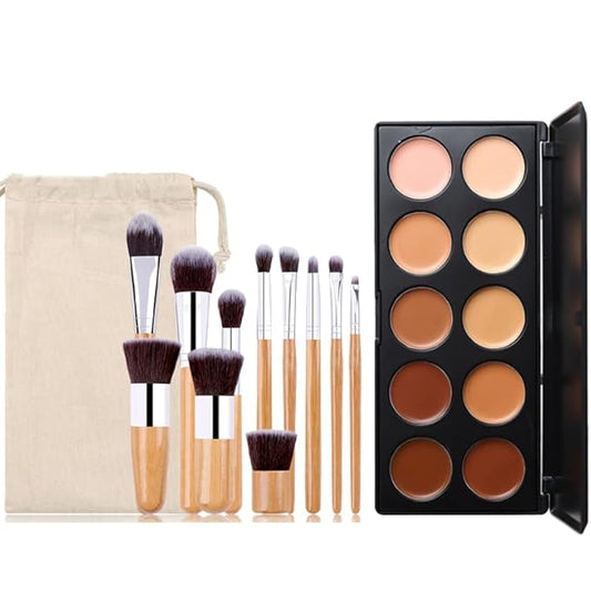 10 Shade Creamy Concealer Kit with Makeup Brush Set, 3 In 1 Professional Cream Concealer, Contour, Foundation, Color Corrector for Diminishes Appearance Dark Circles & Softens Fine Lines-Velvo Beauty