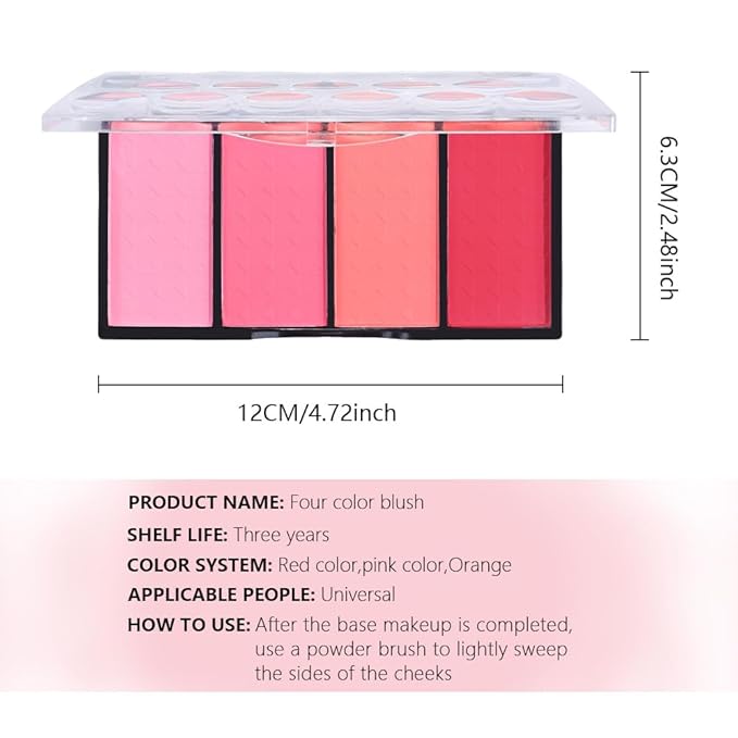 Quads Blush Makeup Palette, Matte Pressed Powder Blushes Palette, Lip & Face Paint Palette for Women, Lasting Light Pink & Hot Pink Peach and Deep Red, Platillo de rubores de cuatro colores-Velvo Beauty