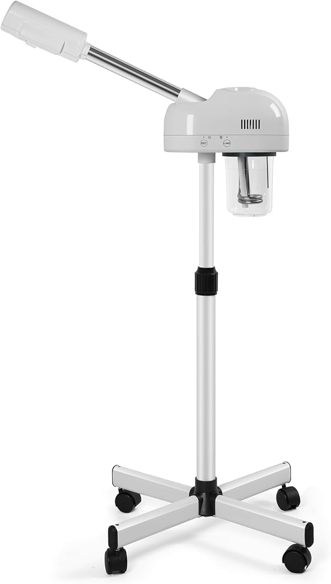 Stand Professional Ozone Facial Steamer with Touch Control, Adjustable Height & Rolling Base, 360° Rotatable Nozzle, Hot Mist Function, Use for Home, Salon SPA (White)-Velvo Beauty