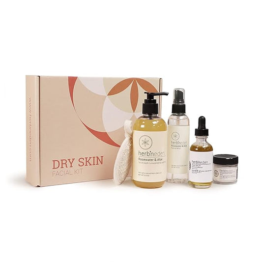 Herb’N Eden - Dry Skin Facial Kit - Cleanse, Mist, Moisturize, & Nourish - Natural Ingredients & Essential Oils - Made in USA - 5 Product Set includes Wash, Mist, Serum, Body Butter, Sisal-Velvo Beauty