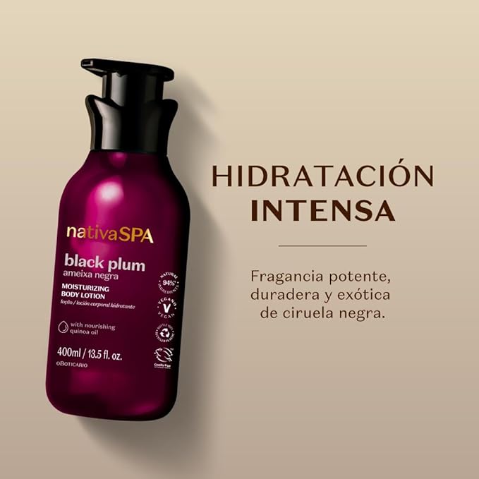 Nativa SPA by O Boticário, Black Plum Moisturizing Body Lotion, Long-Lasting Hydration and Lightweight, Fragranced Moisturizer, 13.5 Ounce-Velvo Beauty