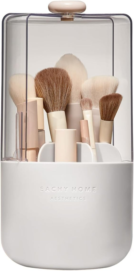 EACHY Makeup Brush Holder 360° Rotating with Dustproof Lid, Waterproof Material, 7 Compartments for Organized Storage, Stylish and Durable Design for Vanity (White)-Velvo Beauty