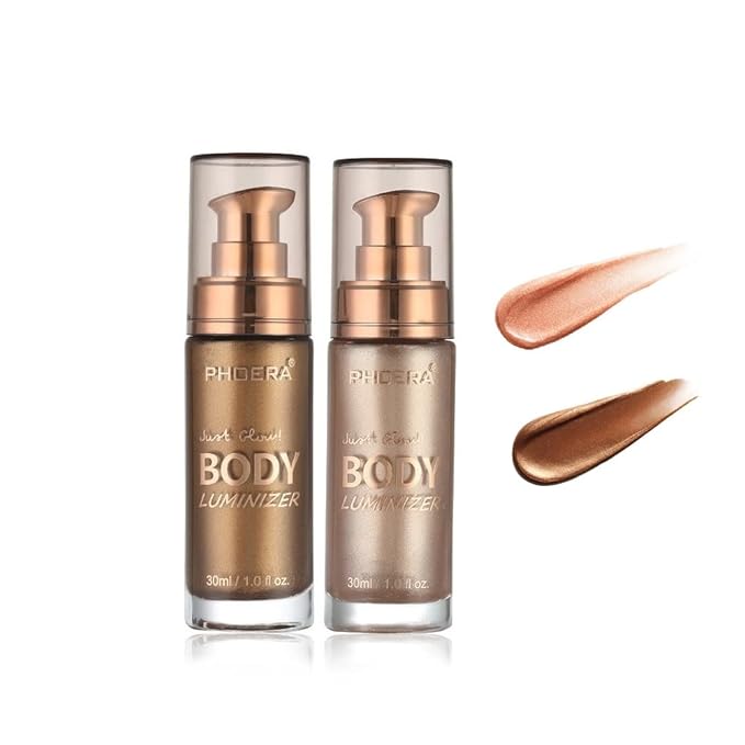 2 Pack PHOERA Body Luminizer, High Gloss Waterproof Body Luminizer Glitter Face Shimmer Moisturizer Lotion Tan Cream Foundation Makeup Bronzer(101 Rose Gold+103 Glistering Bronze)-Velvo Beauty