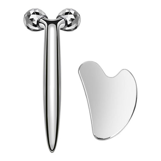 3D Gua Sha Facial Tools Metal Face Roller Stainless Steel Gua Sha Set Cooling Massage Tools for Reduce Puffiness, Firm Skin, Anti-Aging Care - Daily Facial Sculpting Gift for Women-Velvo Beauty