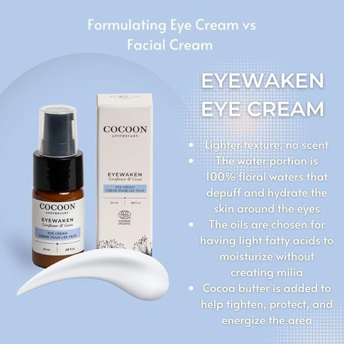 Eyewaken Eye Cream, Ecocert Cosmos Organic, Smooth Fine Lines, Firm + Protect, Cornflower, Cocoa, Argan Oil, Grapeseed Oil, Almond Oil, 0.68 fl oz-Velvo Beauty