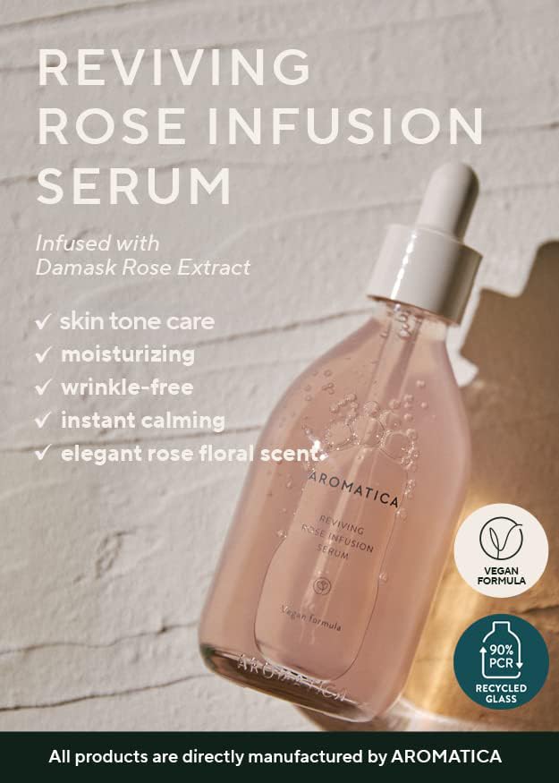 AROMATICA Reviving Rose Infusion Serum 3.38oz / 100ml, Vegan, Rejuvenating Hydration Serum, Vitality Serum for dry skin | with Damask Rose Water and Rose Oil-Velvo Beauty