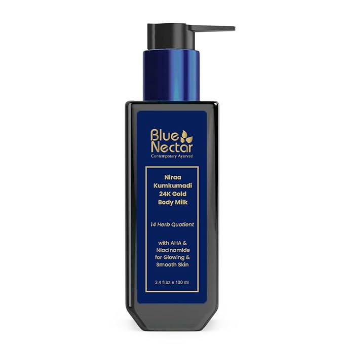 Blue Nectar 24K Carat Gold Body Milk for Women & Men | Body Lotion with Plant Based AHA & Niacinamide | Moisturizer for Body | All Skin Types (14 Herbs, 3.38 Fl Oz)-Velvo Beauty