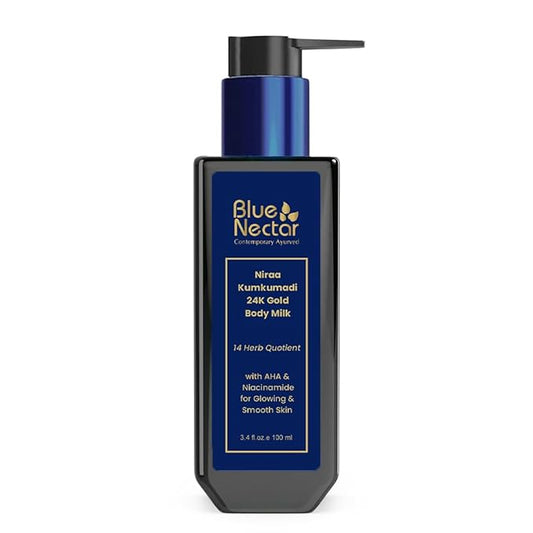 Blue Nectar 24K Carat Gold Body Milk for Women & Men | Body Lotion with Plant Based AHA & Niacinamide | Moisturizer for Body | All Skin Types (14 Herbs, 3.38 Fl Oz)-Velvo Beauty