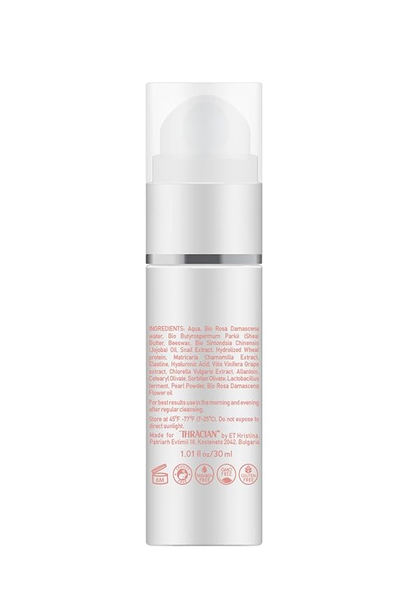 Thracian Bio Rose & Snail Hydrating Eye Cream for Dark Circles, Eye Bags and Puffiness with Bulgarian Bio Rosa Damascena Oil, Hyaluronic Acid and Pearl Powder, 30 ml/1.01 Fl Oz-Velvo Beauty