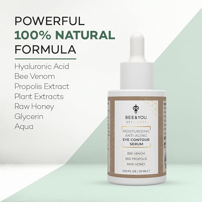 BEE and YOU Eye Cream, Anti Aging, Anti Wrinkle Serum 100% Natural with Bee Venom, Propolis Extract, Raw Honey, Hyaluronic Acid, For Dark Circles Under Eye Treatment and Puffiness, Skin Care, 15ml-Velvo Beauty