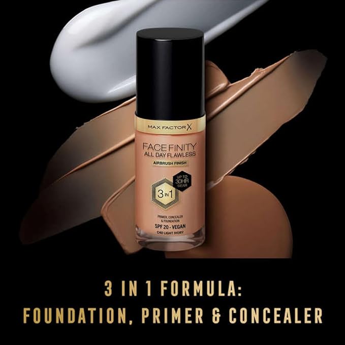 Max Factor Facefinity All Day Flawless 3 In 1 Foundation SPF 20, No. 40 Light Ivory-Velvo Beauty