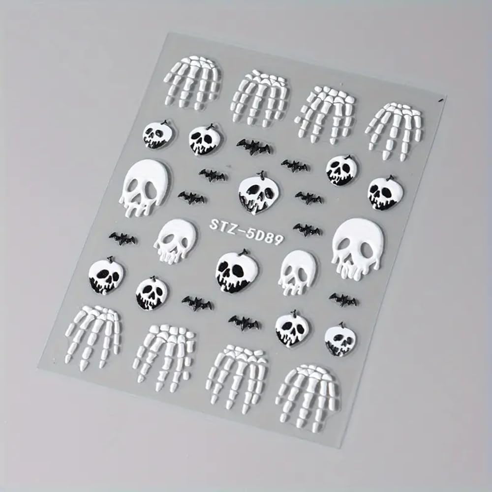 2 Pcs Halloween Nail Art Stickers 5D Embossed Scary Skull Self-Adhesive Nail Decals Halloween Stickers Bat Bones of The Dead Designs Nail Decorations Holiday DIY Acrylic Nail Accessories for Women-Velvo Beauty