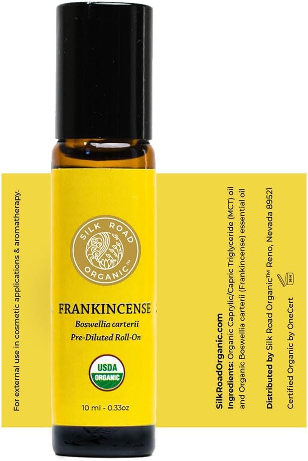 Silk Road Organic Frankincense Carterii Essential Oil Roll On, 100% Pure USDA Certified Aromatherapy for Radiant Skin, Body Aches, Stress Relief, & Calm - 10 ml Roller-Velvo Beauty