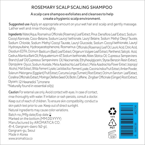 AROMATICA Rosemary Scalp Scaling Shampoo - Korean Hair Care with Thinning Hair Loss Natural Rosemary Essential Oil for Women - Vegan Hair Growth - Free from Sulfate, Silicone, and Paraben (13.53 oz)-Velvo Beauty
