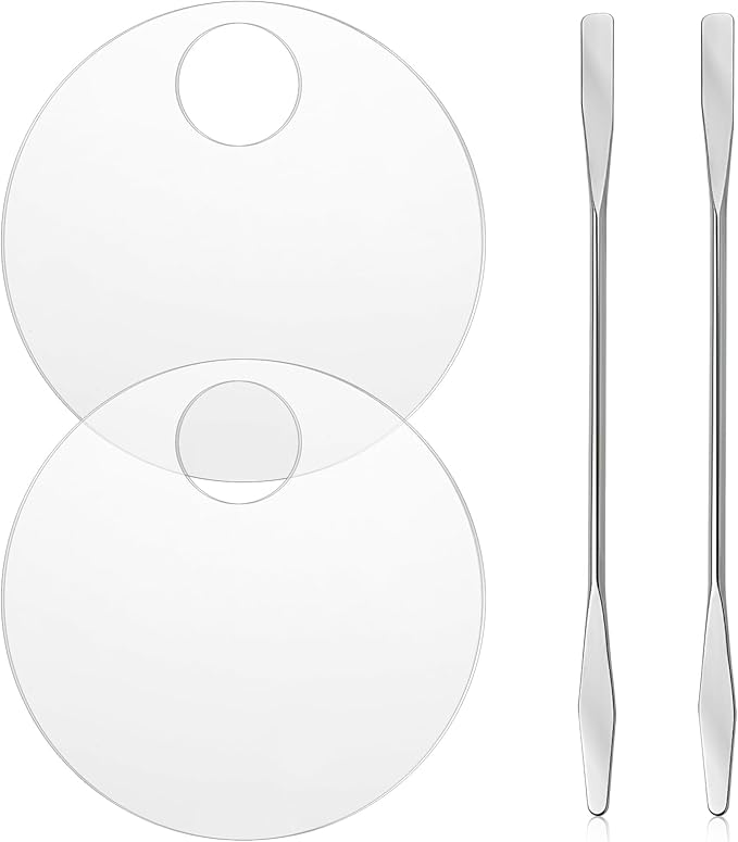 2PCS Makeup Mixing Palette with 2PCS Metal Spatula, Mixing Pigment Palette, Round White Clear Foundation Palette for Make up Eyeshadow Liquid Foundation Cosmetic Nail-Art Pigment Mixing Color-Velvo Beauty