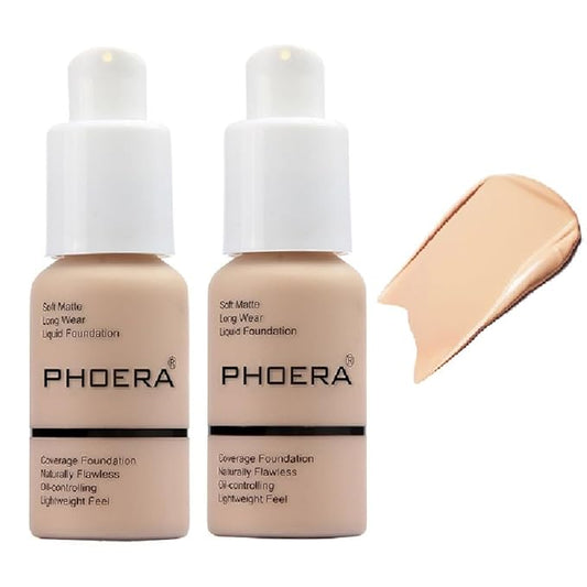 2 Pack PHOERA Foundation,Matte Oil Control Concealer Foundation Cream,PHOERA Long Lasting Waterproof Matte Liquid Foundation for Women Girls (102 Nude)-Velvo Beauty