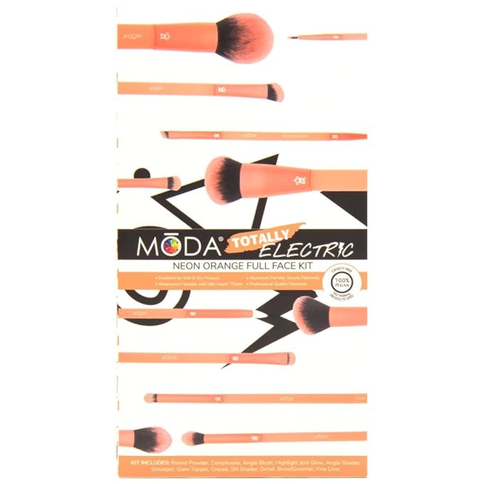 MODA Totally Electric Neon Orange Full Face Makeup Brush Kit – 13pc Vibrant Brush Set for Face & Eyes with Zip Case-Velvo Beauty