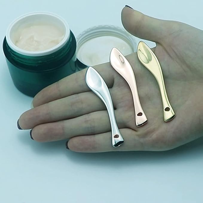 4 Pieces Zinc Alloy Makeup Spatula Eye Cream Spoon Beauty Scoop Mini Spoon Makeup Beauty Spoons Mini Cosmetic Skincare Spatula for Cream Lotions, Curved Handle Type, Rose-Gold-Velvo Beauty