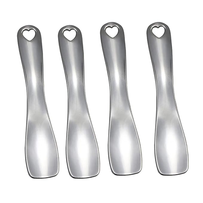 4 Pieces Zinc Alloy Makeup Spatula Eye Cream Spoon Beauty Scoop Mini Spoon Makeup Beauty Spoons Mini Cosmetic Skincare Spatula for Cream Lotions, Shovel Shaped, Silver-Color-Velvo Beauty