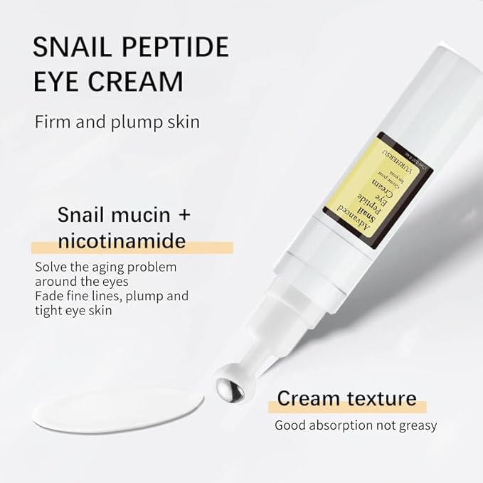 Snail Peptide Eye Cream for Dark Circles, Puffiness and Wrinkle, Snail Mucin & Nicotinamide, Moisturizing, Hydrating, Firming, Massage Ball, 17ml-Velvo Beauty