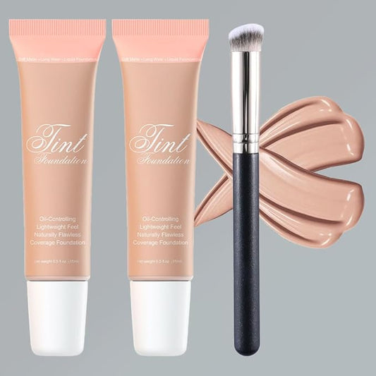 2 Pack Liquid Foundation Cream with Foundation Brush for Face Makeup,Durable Full Coverage Matte Concealer Make Up,Oil Control & Waterproof Base Primer -1 Fl.Oz (#04)-Velvo Beauty